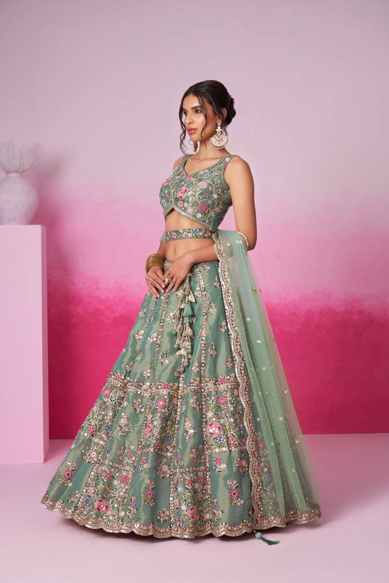 Sea green Bridel Net Moti, Sequins embroidery Semi-Stitched Bridel Lehenga choli & Dupatta - elegant and traditional Indian wedding attire