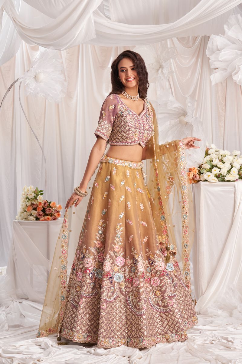 Rose gold Bridel net and Gotapatti & Moti embroidery Semi-Stitched Lehenga choli & Dupatta