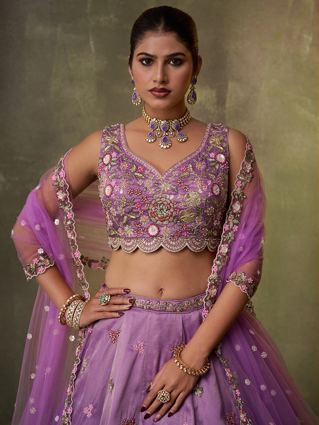 PURPLE - Tissue Fabric Sequins embroidery Lehenga & Unstitched Blouse With Dupatta