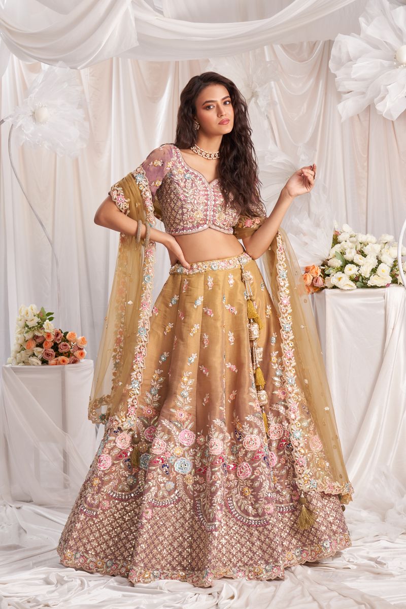 Rose gold Bridel net and Gotapatti & Moti embroidery Semi-Stitched Lehenga choli & Dupatta