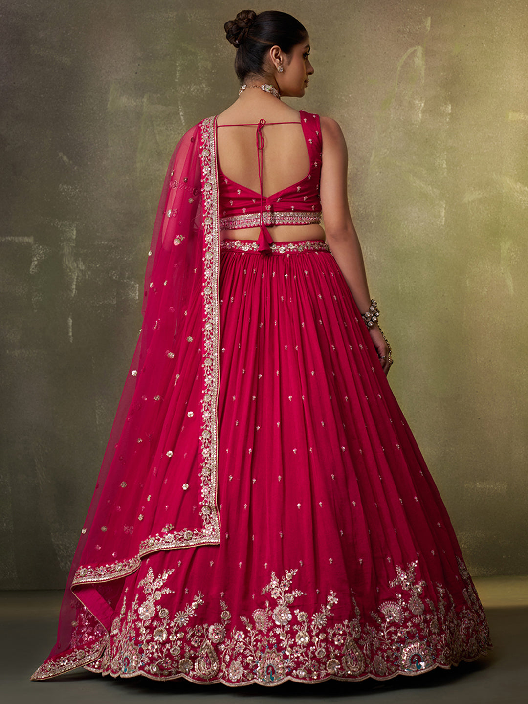 RED - Georgette Fabric Sequins Thread & Embroidery Lehenga & Unstitched Blouse With Dupatta
