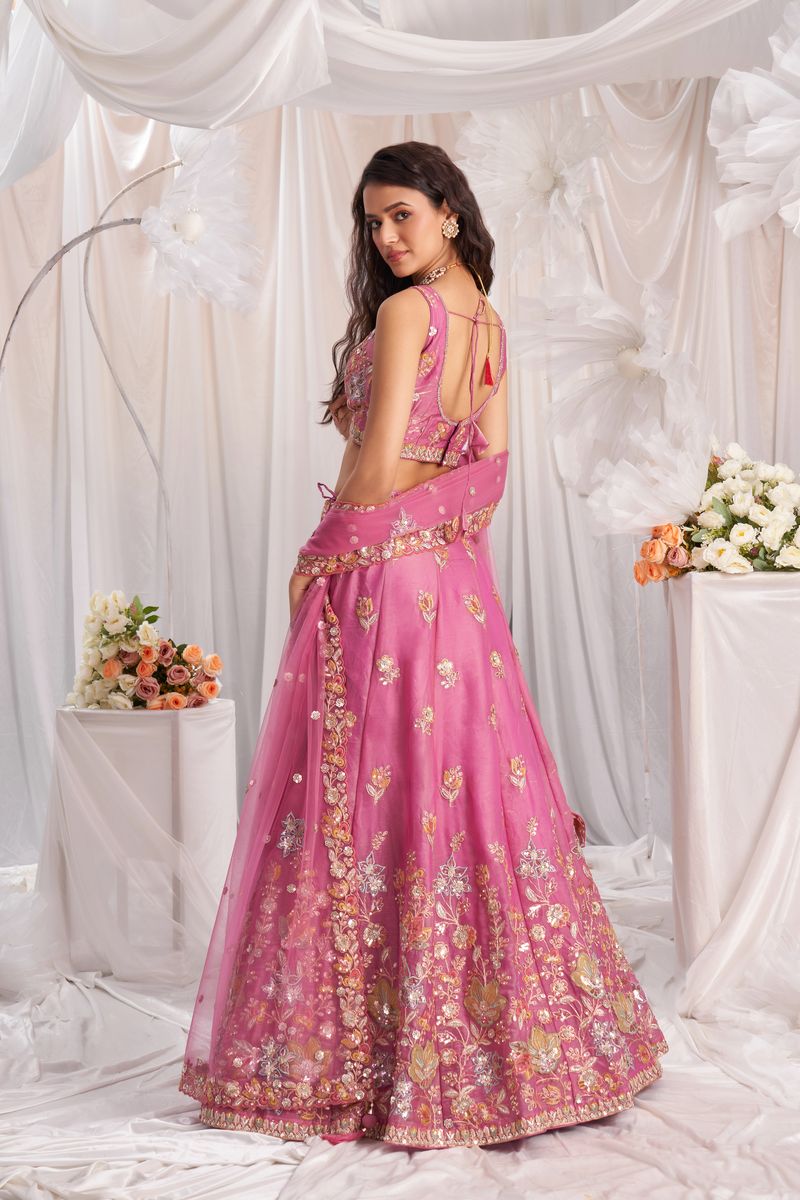 Pink Organza Sequins embroidery Semi-Stitched Lehenga choli & Dupatta