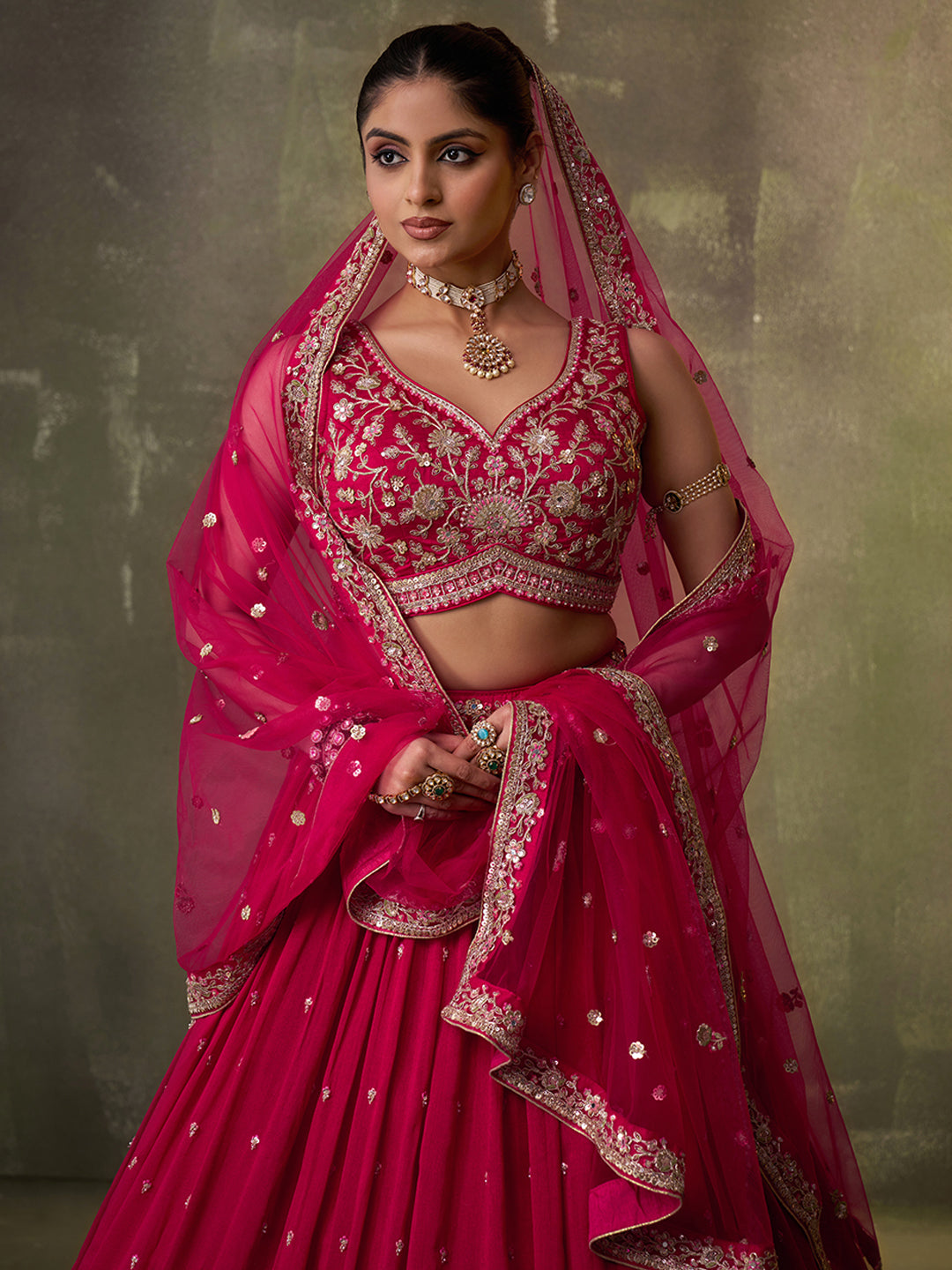 RED - Georgette Fabric Sequins Thread & Embroidery Lehenga & Unstitched Blouse With Dupatta