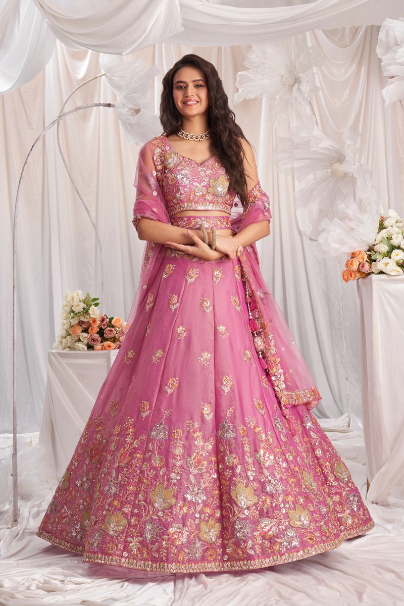 Pink Organza Sequins embroidery Semi-Stitched Lehenga choli & Dupatta