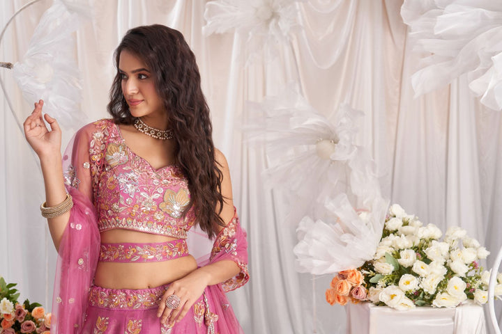 Pink Organza Sequins embroidery Semi-Stitched Lehenga choli & Dupatta