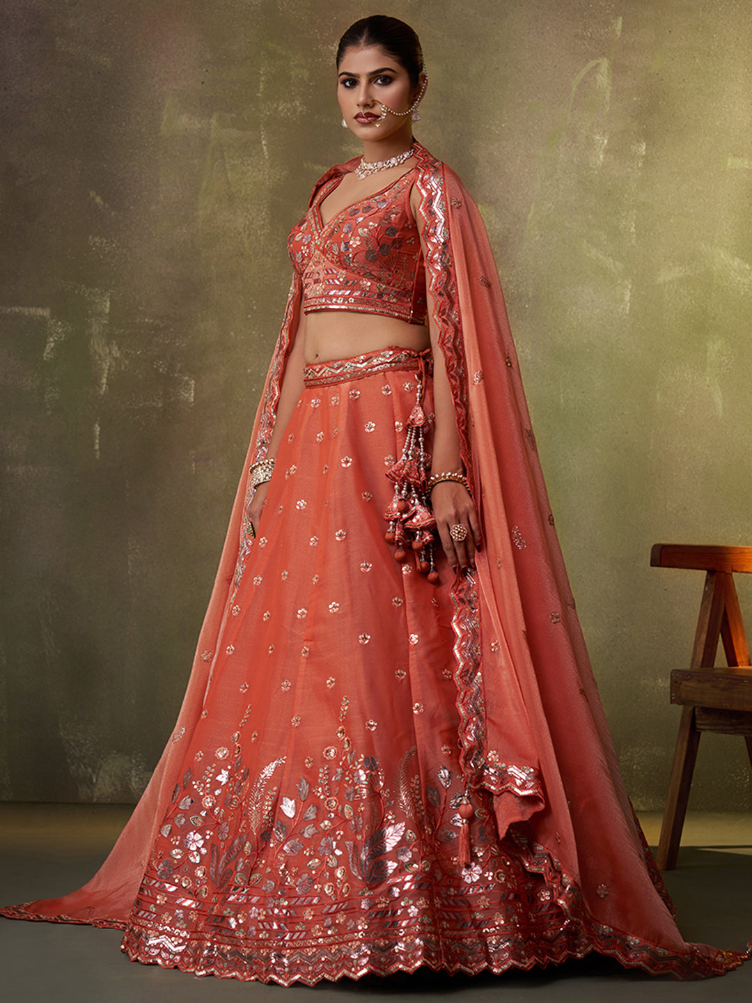 ORANGE - Organza Fabric Sequins & Embroidery Lehenga & Unstitched Blouse With Dupatta