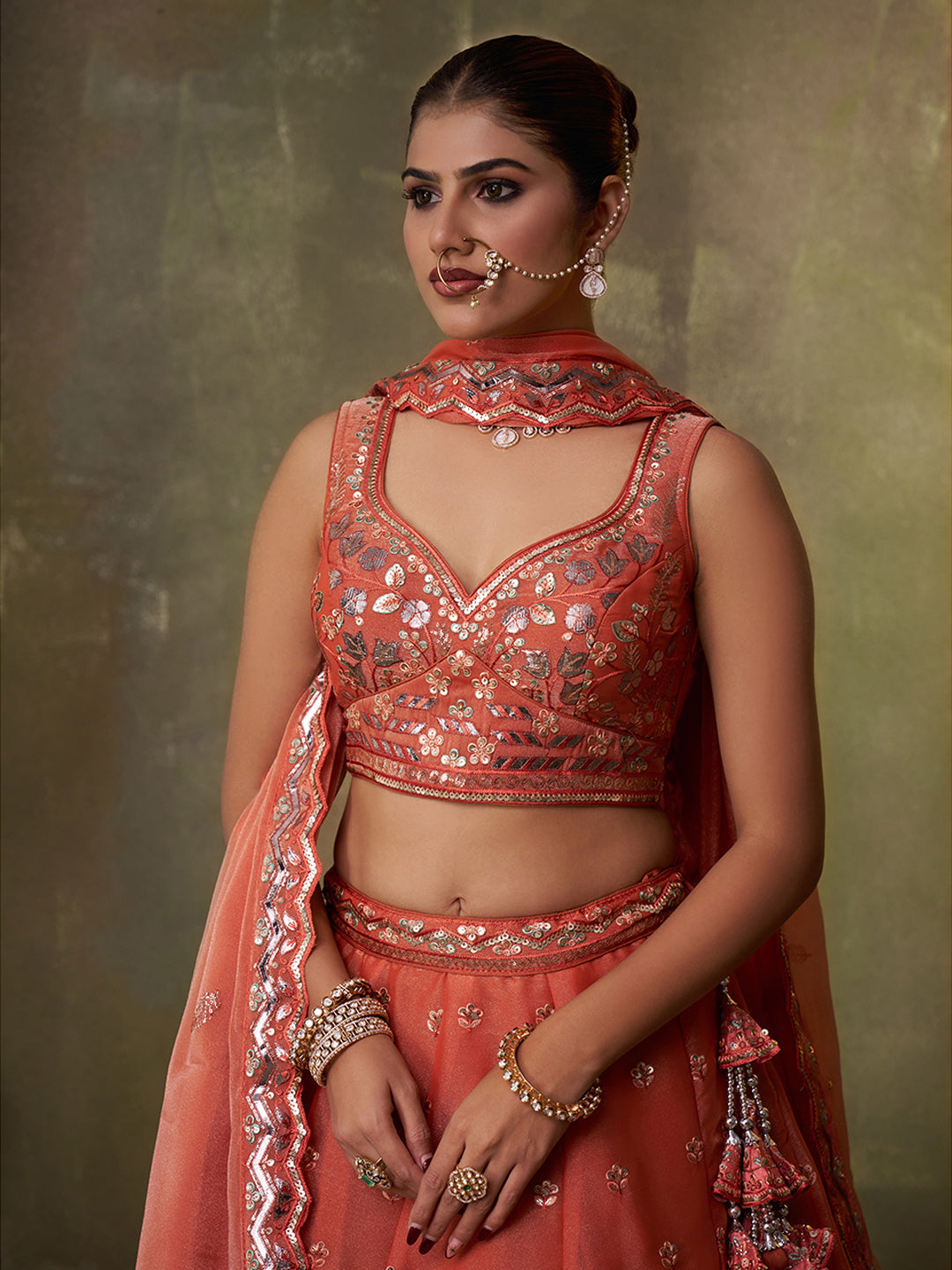 ORANGE - Organza Fabric Sequins & Embroidery Lehenga & Unstitched Blouse With Dupatta