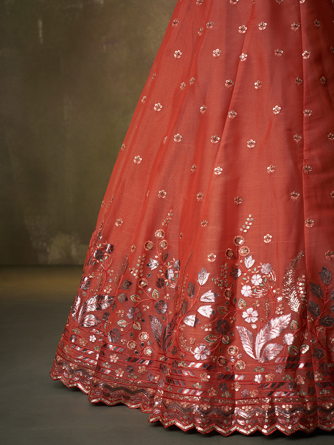 ORANGE - Organza Fabric Sequins & Embroidery Lehenga & Unstitched Blouse With Dupatta
