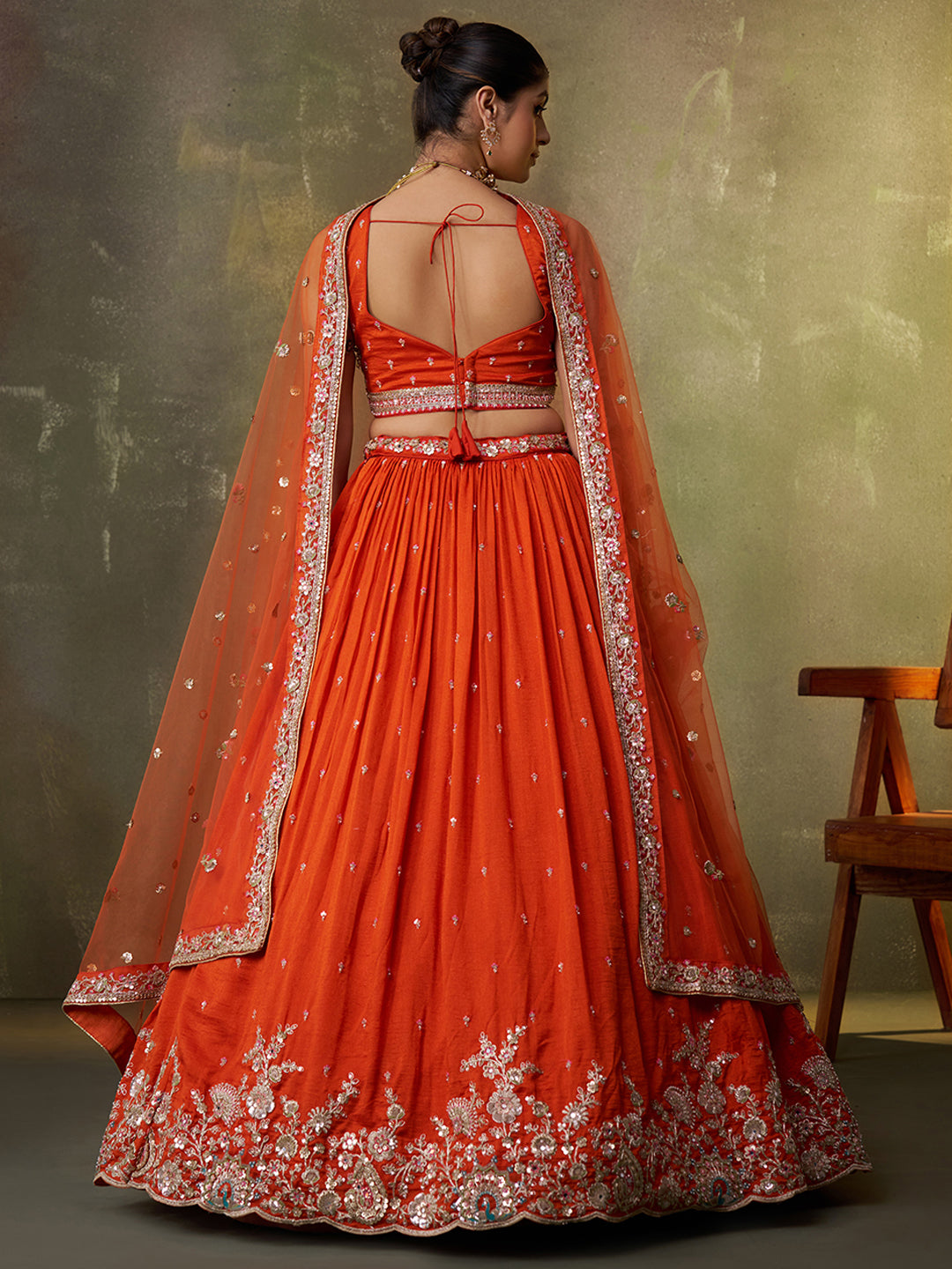 ORANGE - Georgette Fabric Sequins Thread & Embroidery Lehenga & Unstitched Blouse With Dupatta