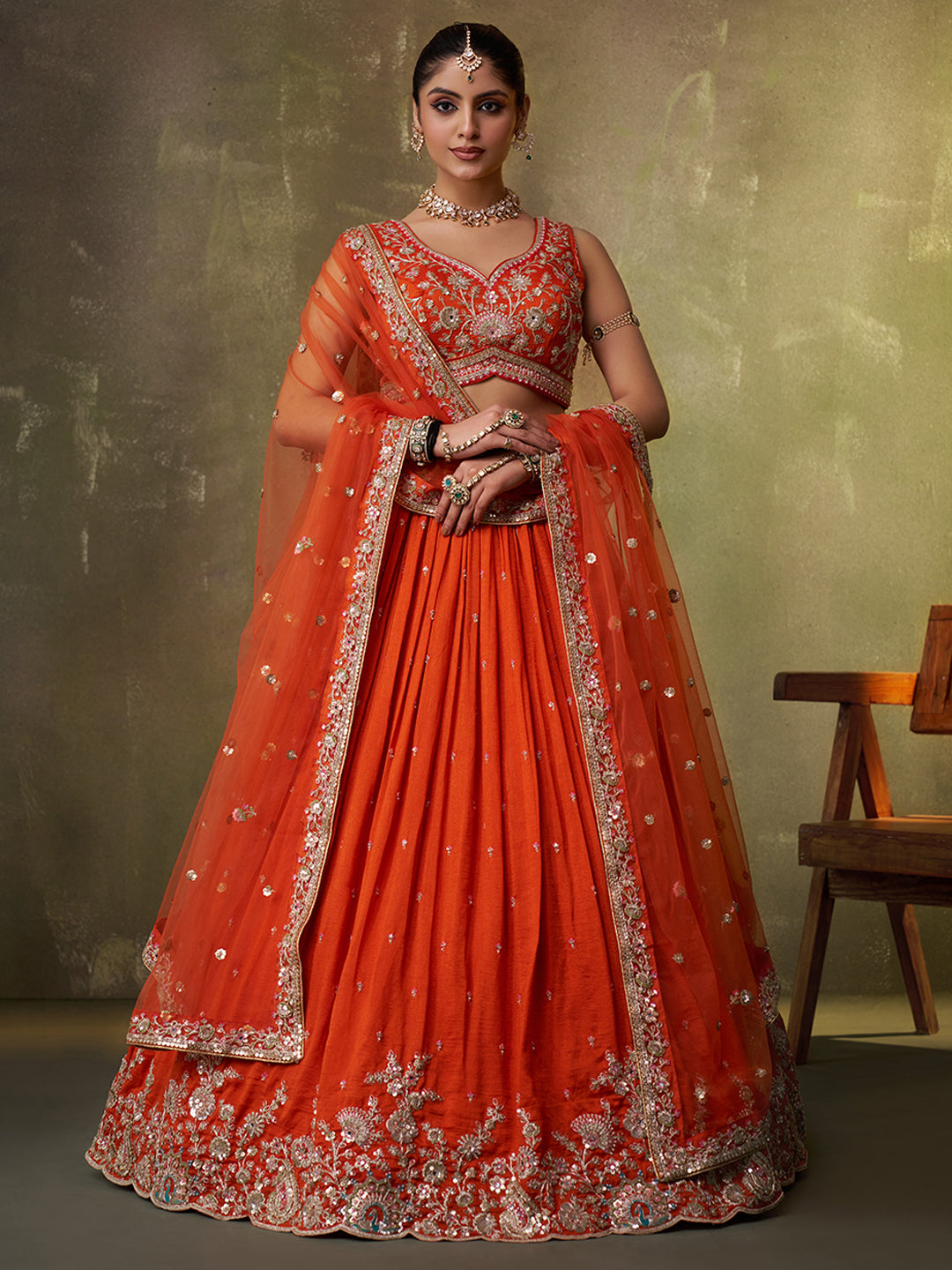 ORANGE - Georgette Fabric Sequins Thread & Embroidery Lehenga & Unstitched Blouse With Dupatta