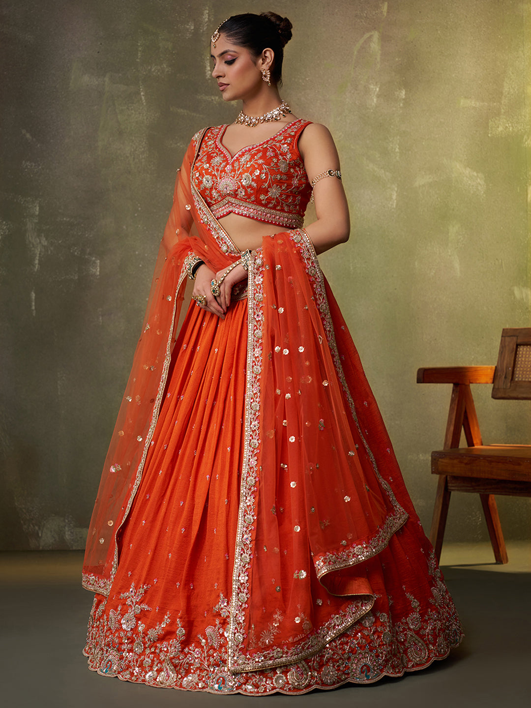 ORANGE - Georgette Fabric Sequins Thread & Embroidery Lehenga & Unstitched Blouse With Dupatta