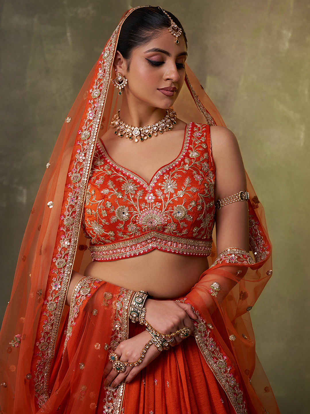 ORANGE - Georgette Fabric Sequins Thread & Embroidery Lehenga & Unstitched Blouse With Dupatta