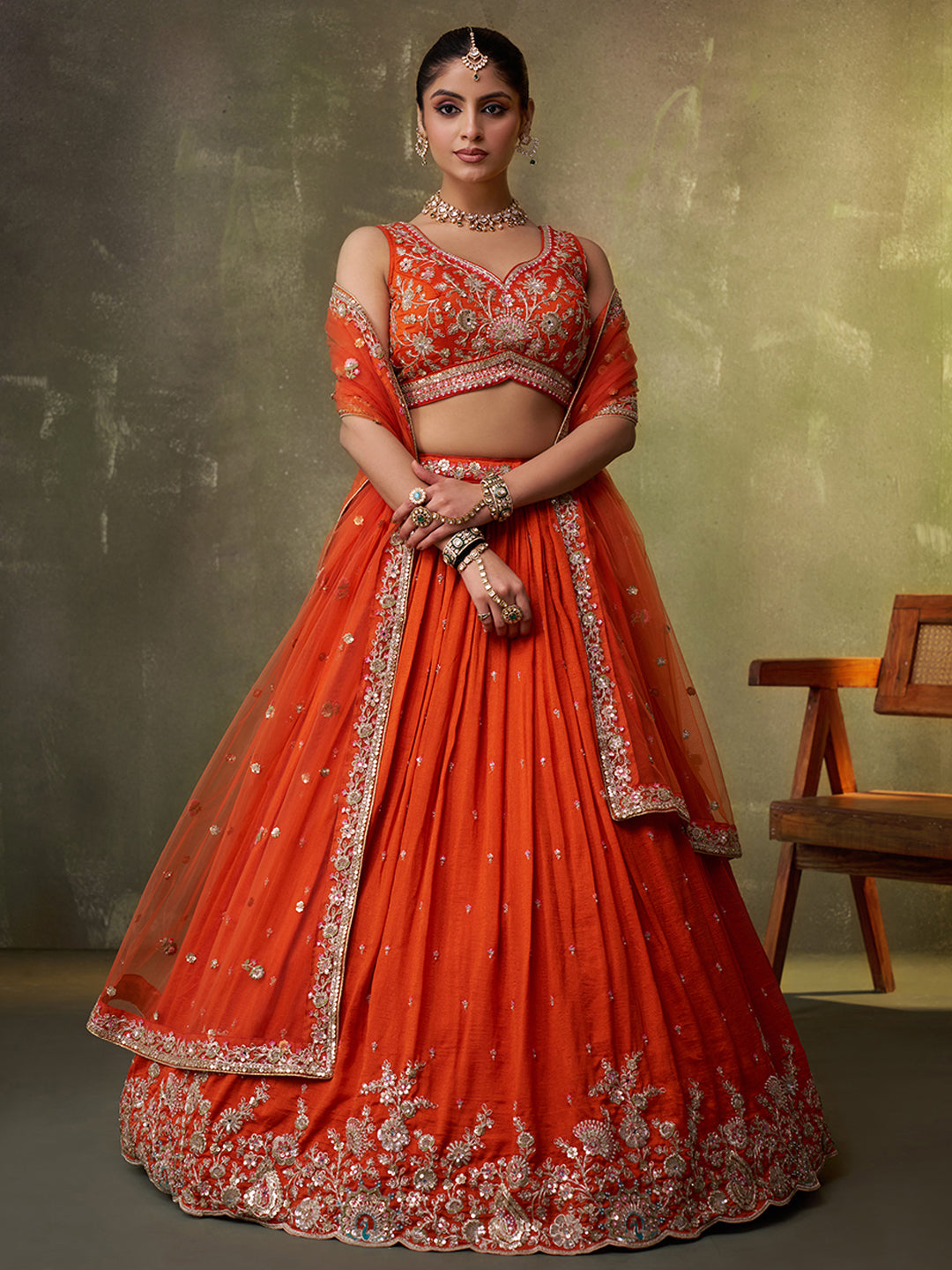 ORANGE - Georgette Fabric Sequins Thread & Embroidery Lehenga & Unstitched Blouse With Dupatta
