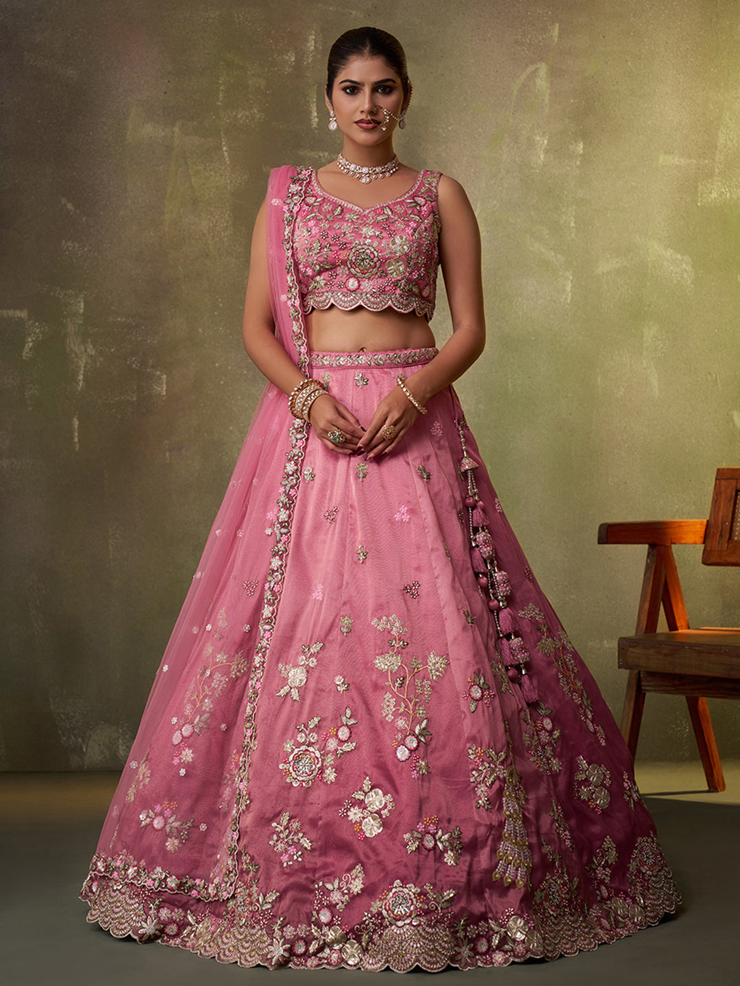 PINK - Tissue Fabric Sequins embroidery Lehenga & Unstitched Blouse With Dupatta