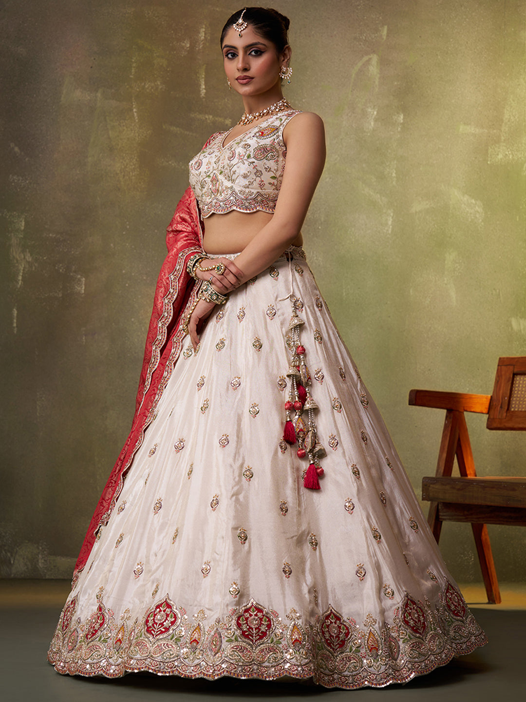 RED - Tissue Fabric Sequins Thread & Embroidery Lehenga & Unstitched Blouse With Dupatta