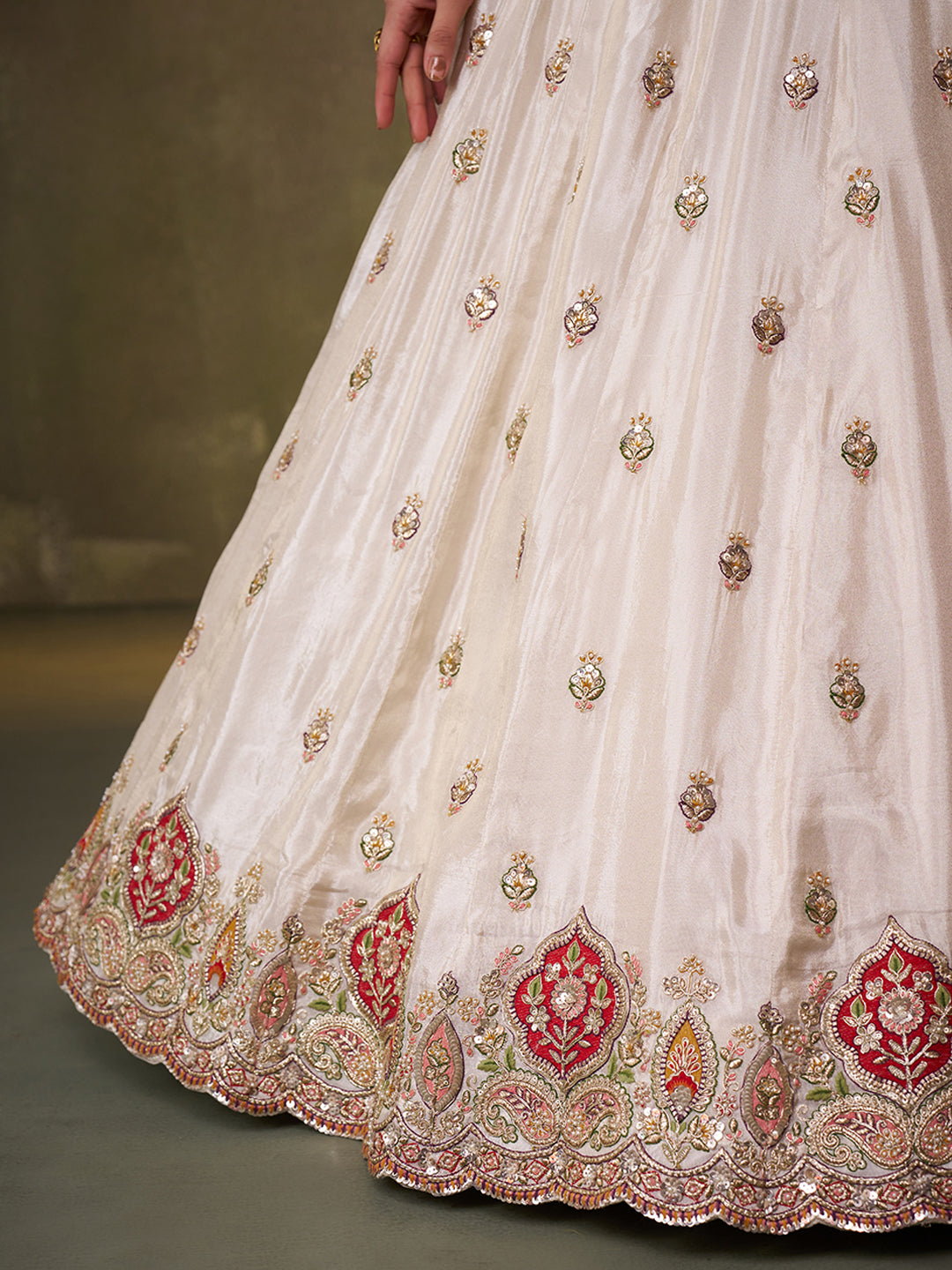 RED - Tissue Fabric Sequins Thread & Embroidery Lehenga & Unstitched Blouse With Dupatta