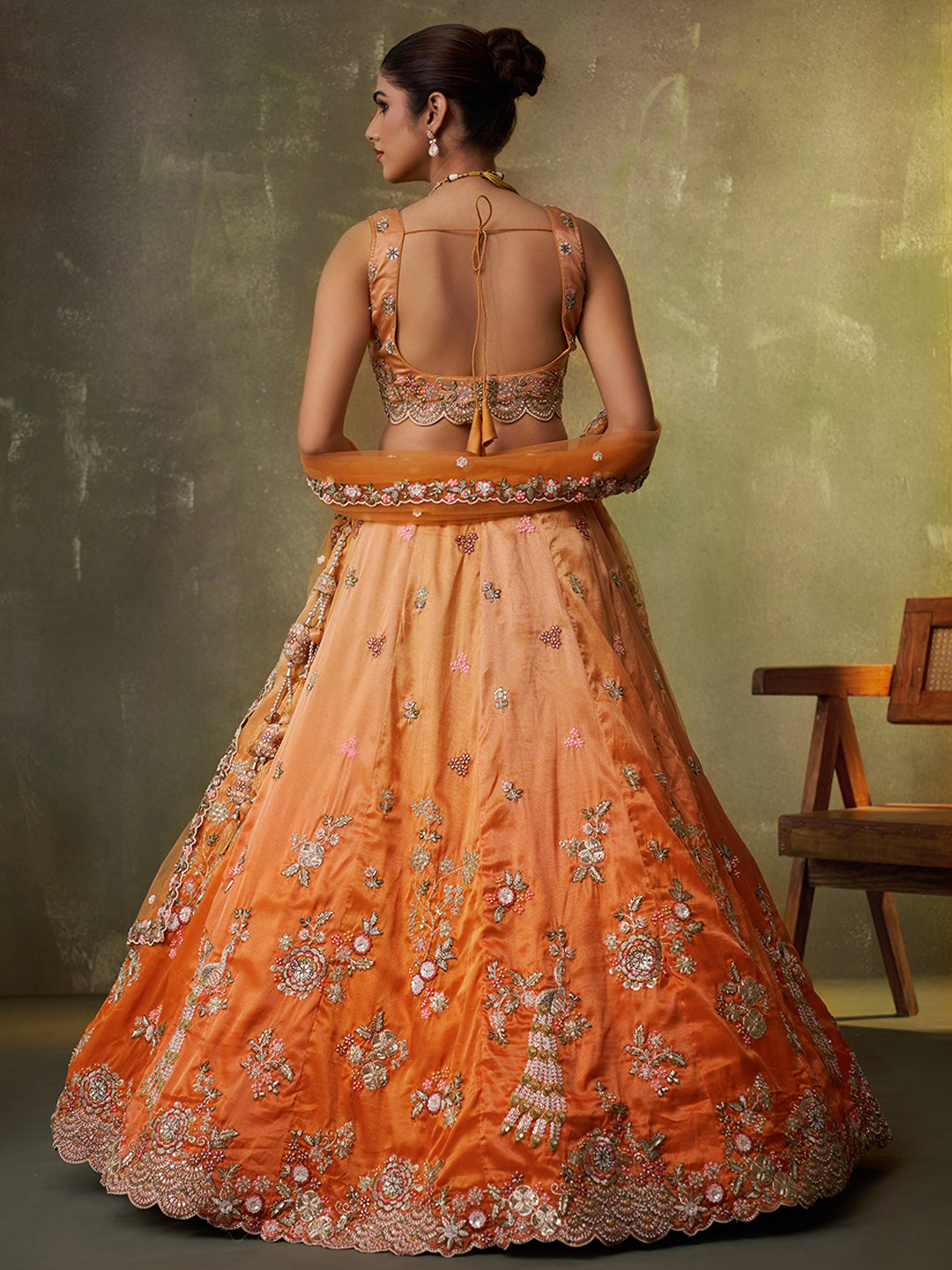 ORANGE - Tissue Fabric Sequins embroidery Lehenga & Unstitched Blouse With Dupatta