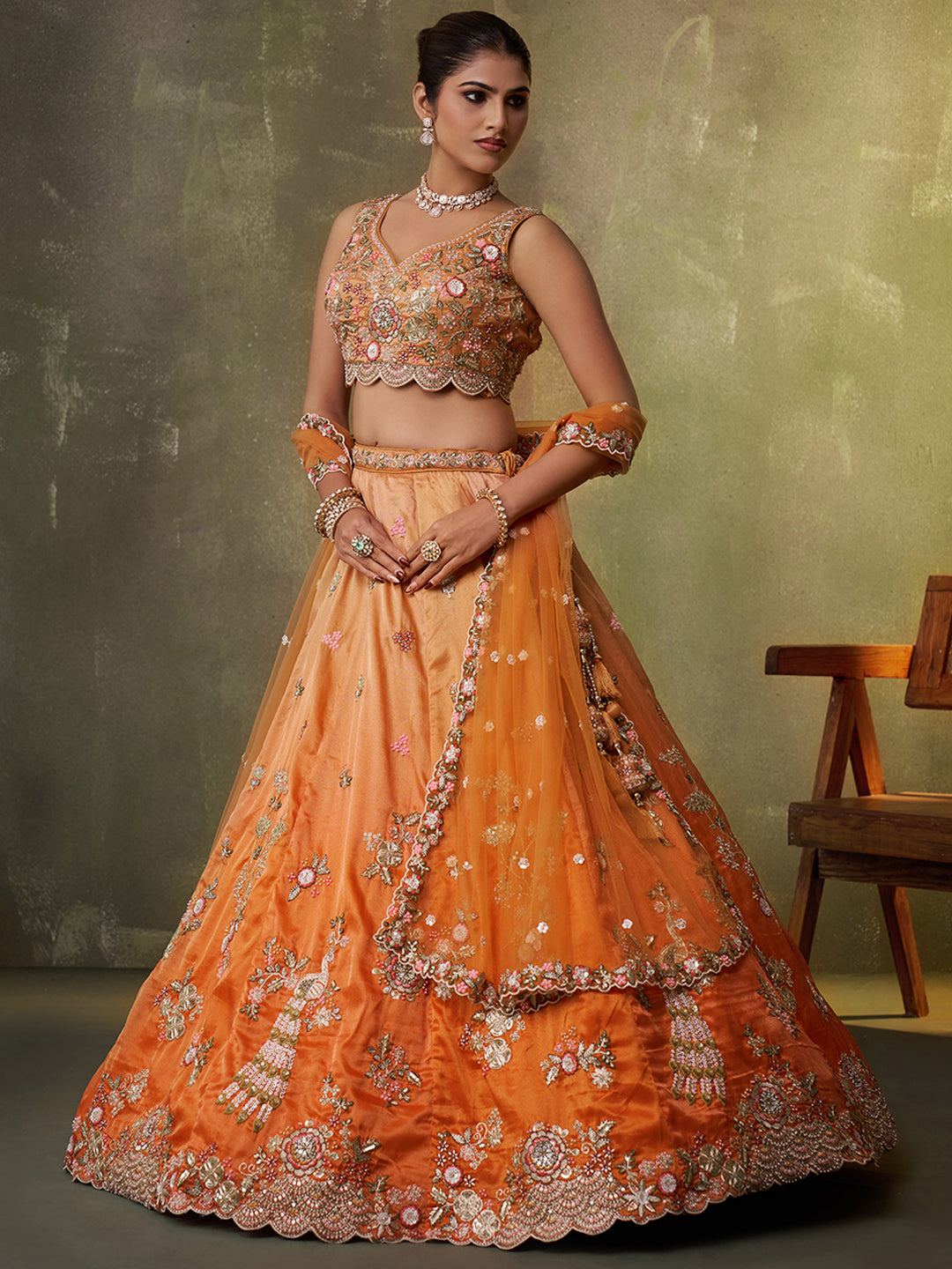 ORANGE - Tissue Fabric Sequins embroidery Lehenga & Unstitched Blouse With Dupatta