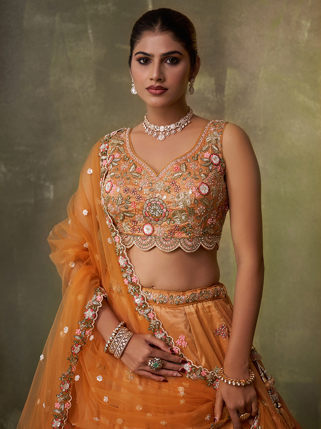 ORANGE - Tissue Fabric Sequins embroidery Lehenga & Unstitched Blouse With Dupatta