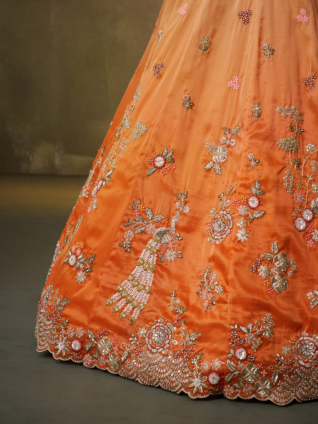 ORANGE - Tissue Fabric Sequins embroidery Lehenga & Unstitched Blouse With Dupatta