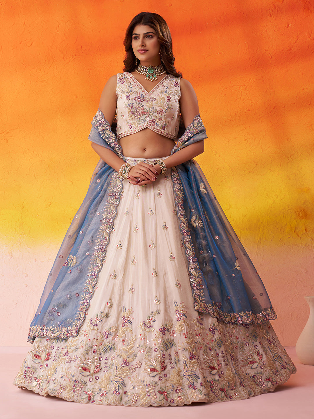 BLUE - Tissue Fabric Sequins & Embroidery Lehenga & Unstitched Blouse With Dupatta