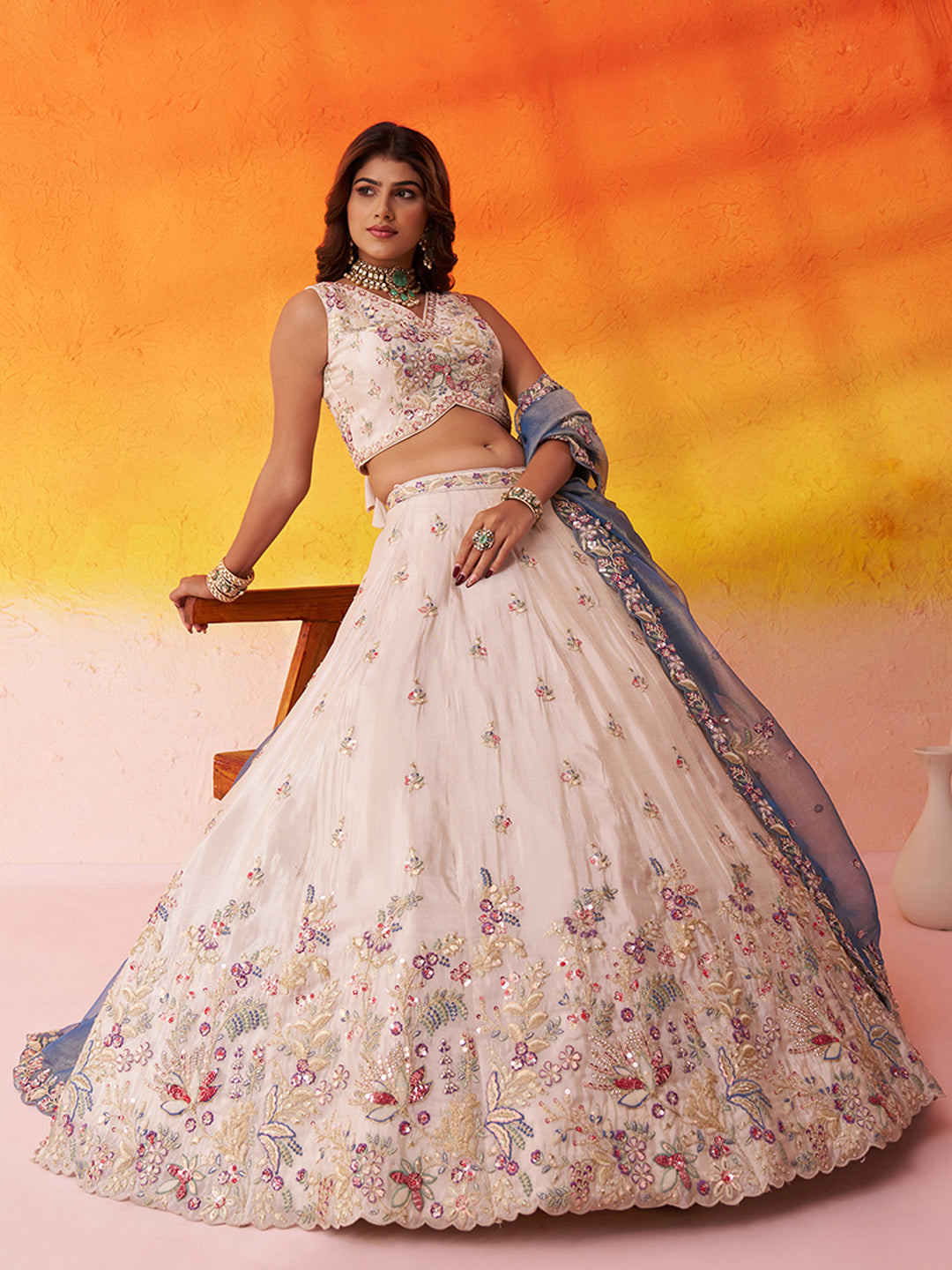 BLUE - Tissue Fabric Sequins & Embroidery Lehenga & Unstitched Blouse With Dupatta
