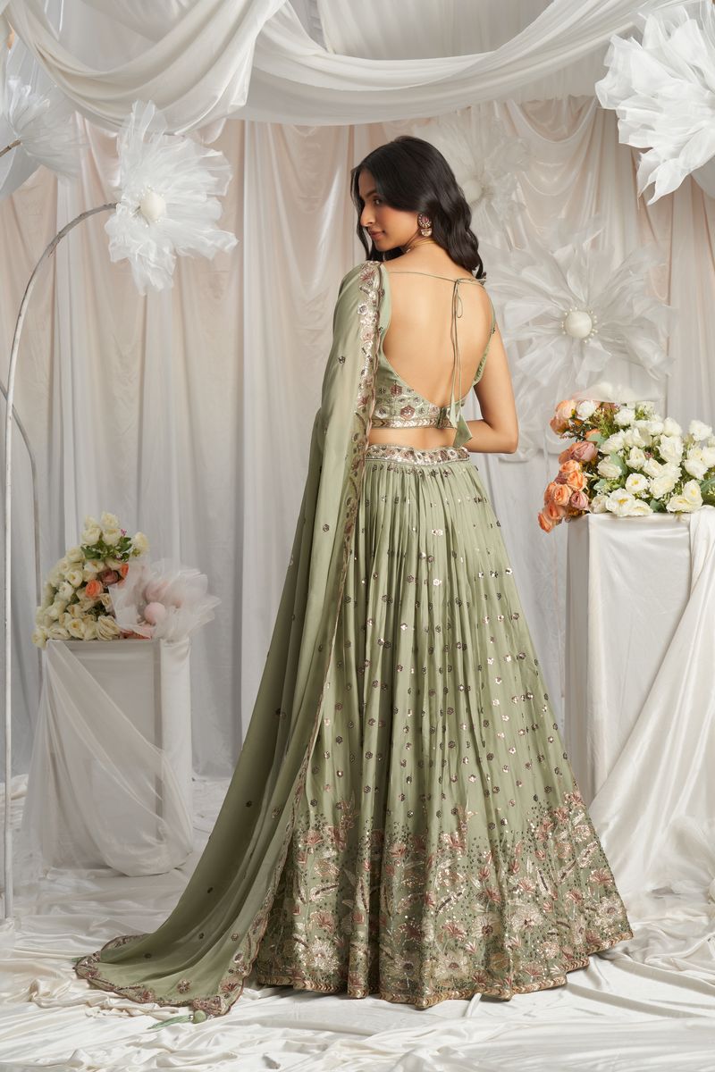 Lime Green Georgette Sequin embroidery Semi-Stitched Lehenga choli & Dupatta