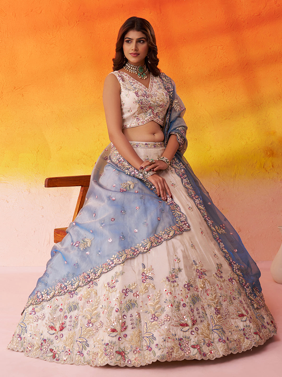 BLUE - Tissue Fabric Sequins & Embroidery Lehenga & Unstitched Blouse With Dupatta