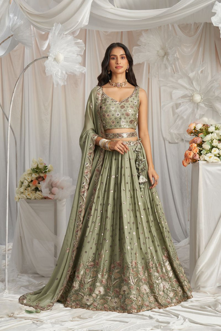 Lime Green Georgette Sequin embroidery Semi-Stitched Lehenga choli & Dupatta