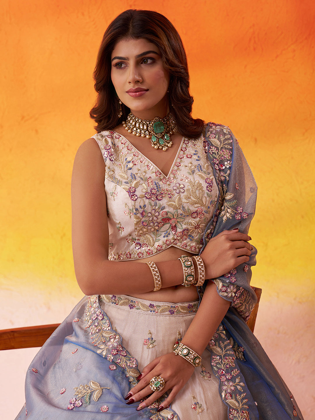 BLUE - Tissue Fabric Sequins & Embroidery Lehenga & Unstitched Blouse With Dupatta