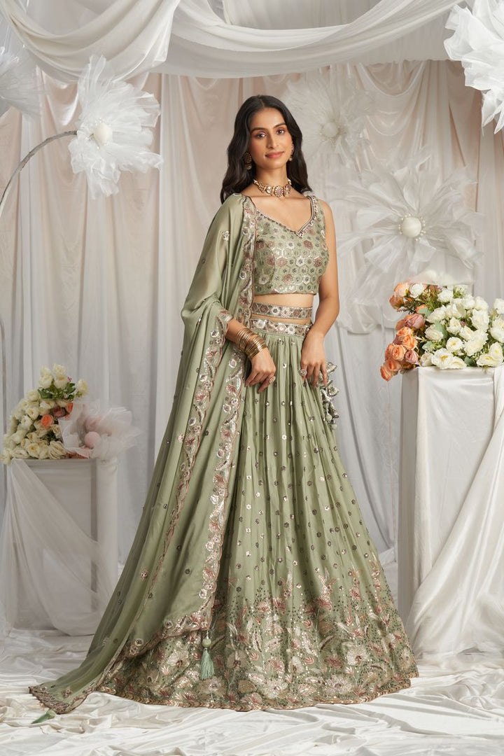 Lime Green Georgette Sequin embroidery Semi-Stitched Lehenga choli & Dupatta