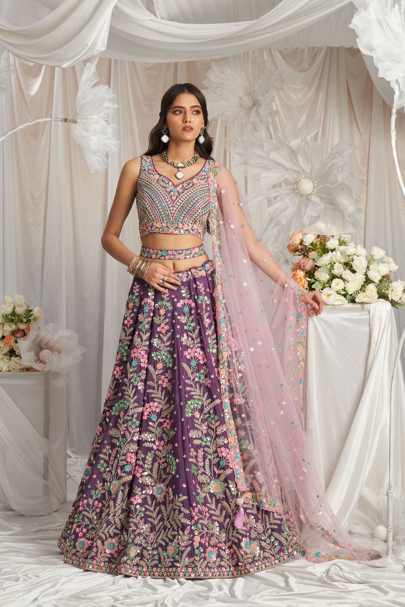 Beautiful purple lehenga choli with multi-color sequined and zarkan embroidery