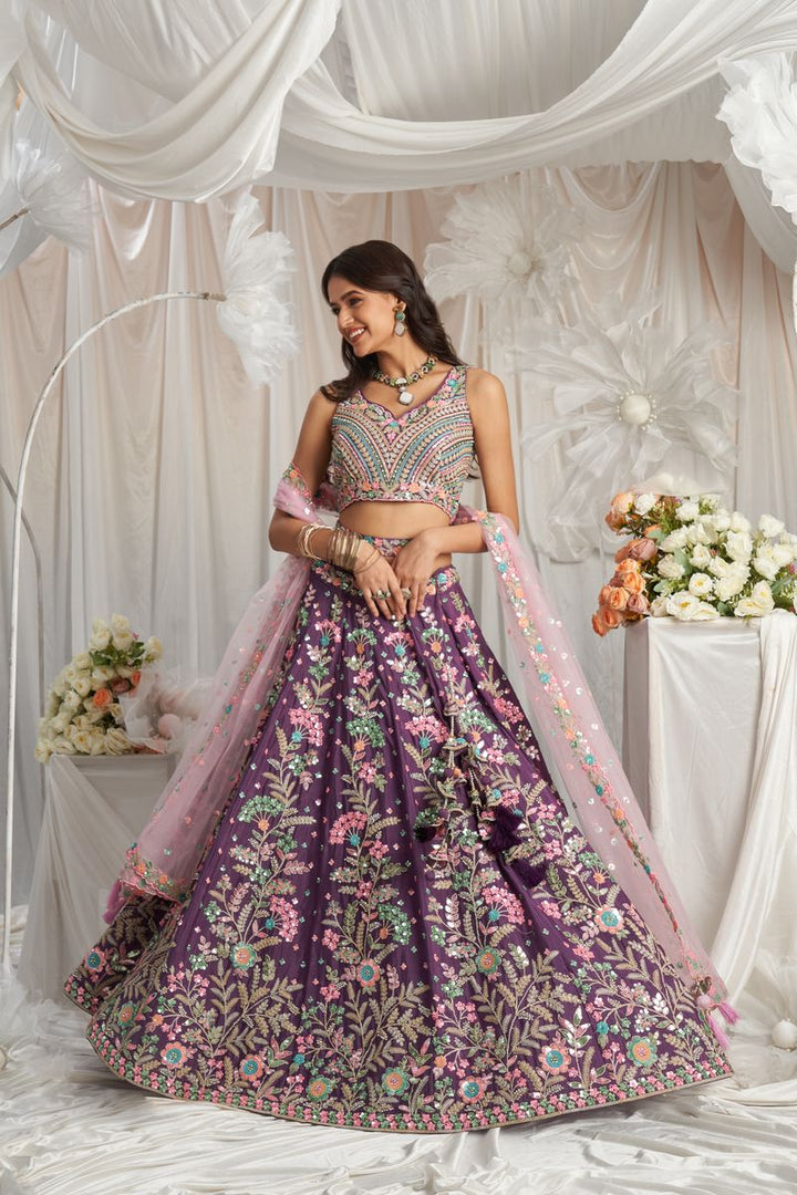 Purple georgette lehenga choli with multi-color sequined, thread, and zarkan embroidery