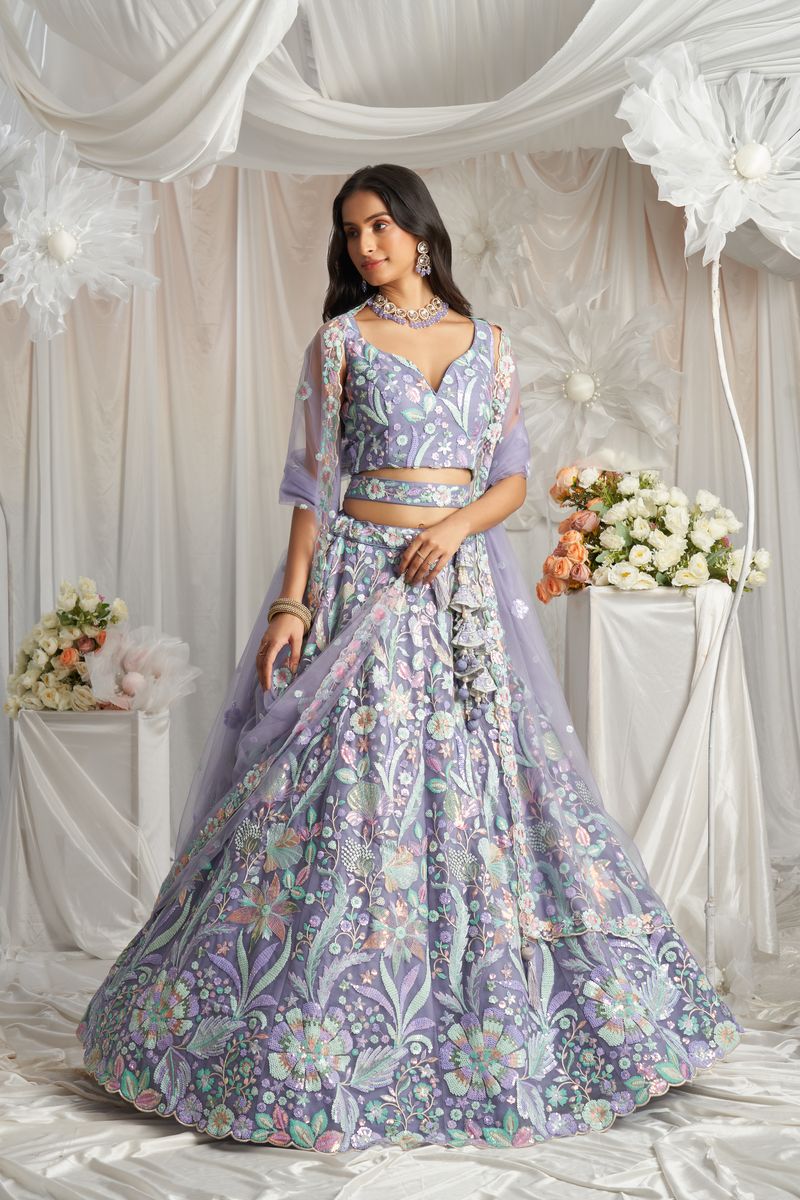 Mauve Net Sequins embroidery Semi-Stitched Lehenga choli & Dupatta