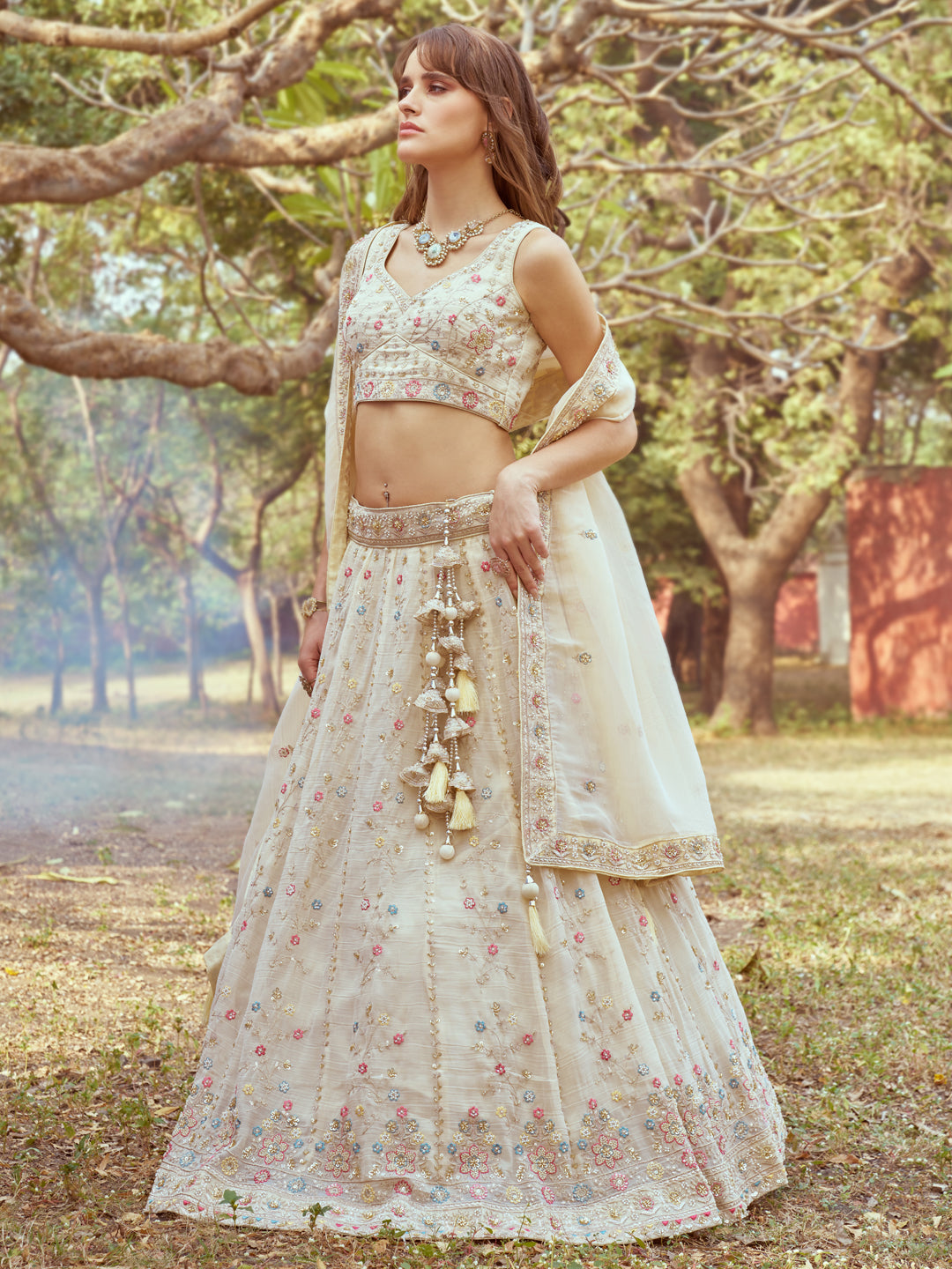 Tissue Fabric embroidery with beads and stones work Lehenga choli & Dupatta