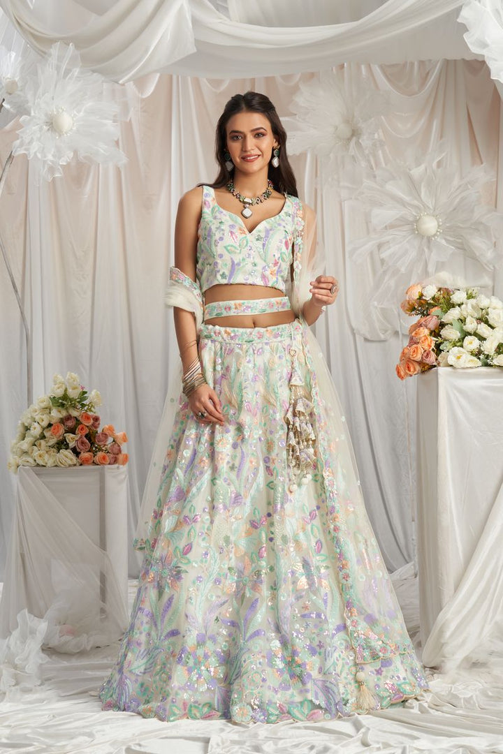 Cream Net Sequins embroidery Semi-Stitched Lehenga choli & Dupatta