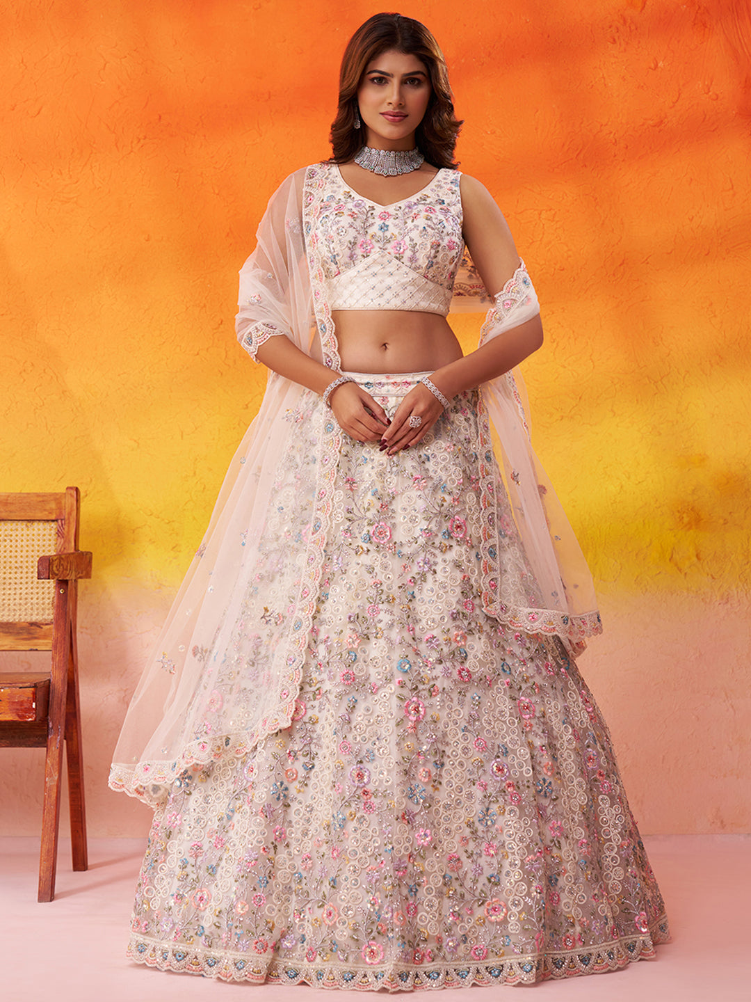 WHITE - Net Fabric Sequins embroidery Lehenga & Unstitched Blouse With Dupatta