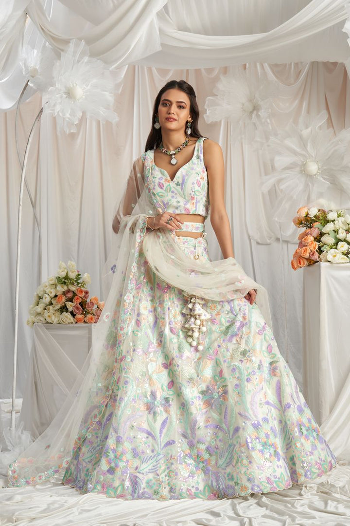 Cream Net Sequins embroidery Semi-Stitched Lehenga choli & Dupatta