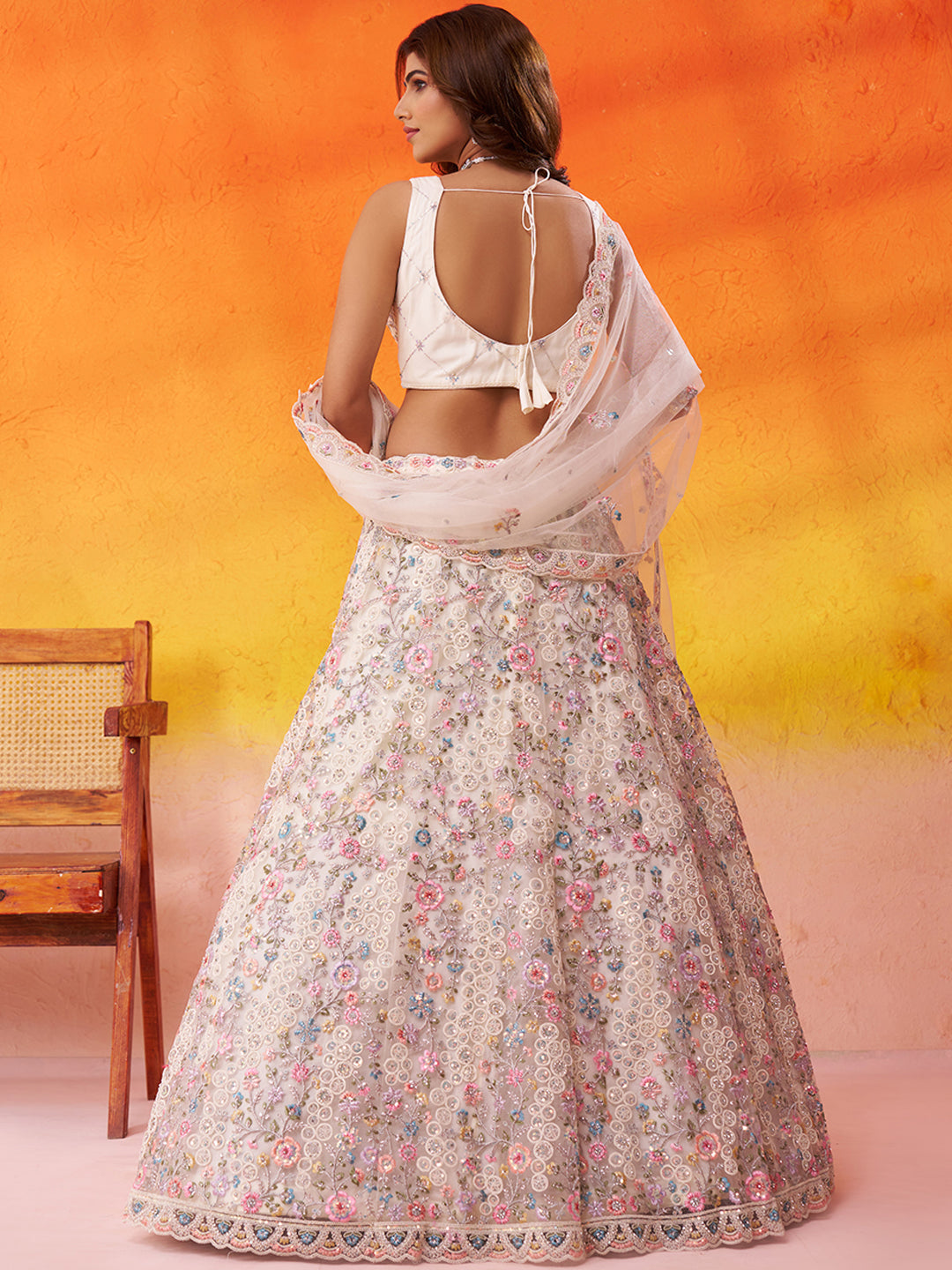 WHITE - Net Fabric Sequins embroidery Lehenga & Unstitched Blouse With Dupatta