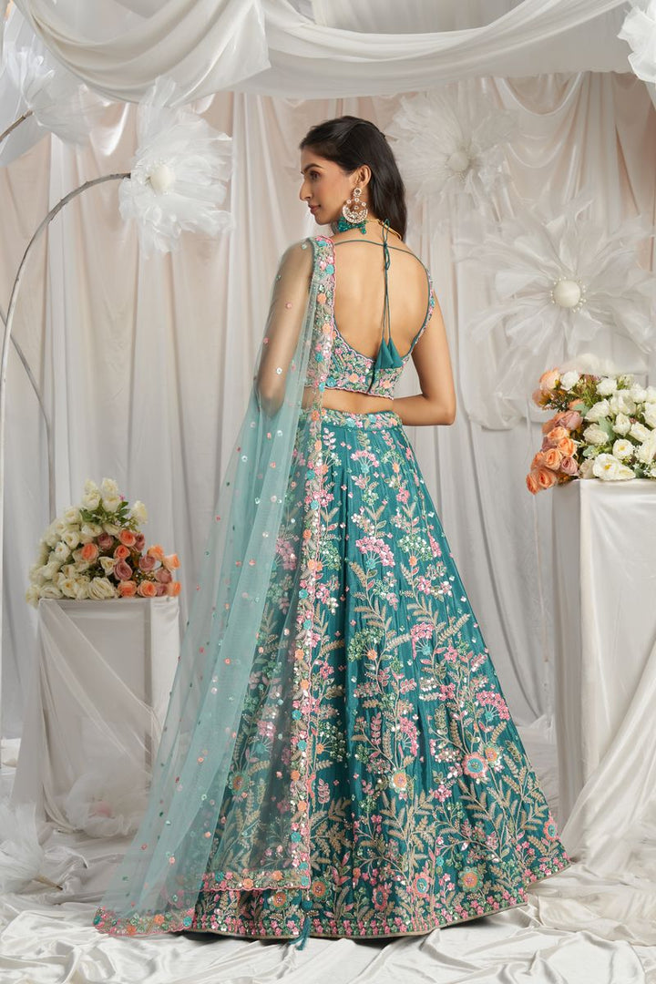 Teal - Multi-Color Sequined,Thread & Zarkan Embroidered Pure Georgette Semi-Stitched Lehenga choli