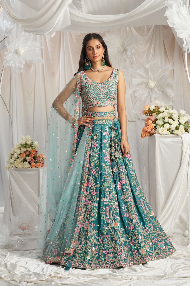 Teal - Multi-Color Sequined,Thread & Zarkan Embroidered Pure Georgette Semi-Stitched Lehenga choli