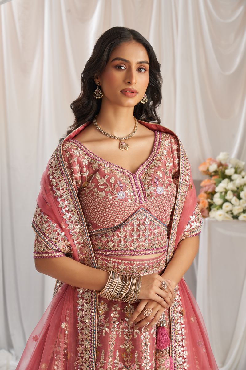 Rose gold Bridel net and Gotapatti & Moti embroidery Semi-Stitched Lehenga choli & Dupatta