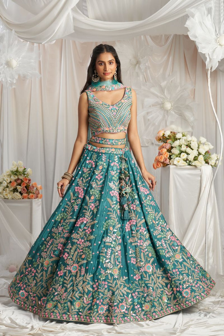 Teal - Multi-Color Sequined,Thread & Zarkan Embroidered Pure Georgette Semi-Stitched Lehenga choli