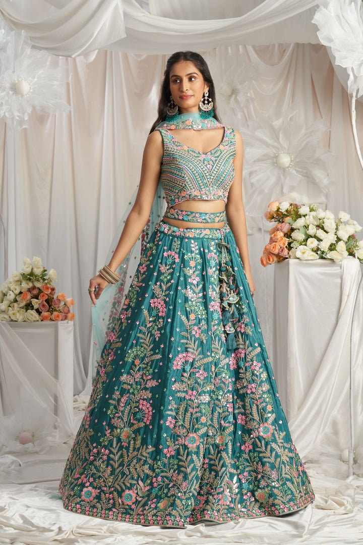 Teal - Multi-Color Sequined,Thread & Zarkan Embroidered Pure Georgette Semi-Stitched Lehenga choli