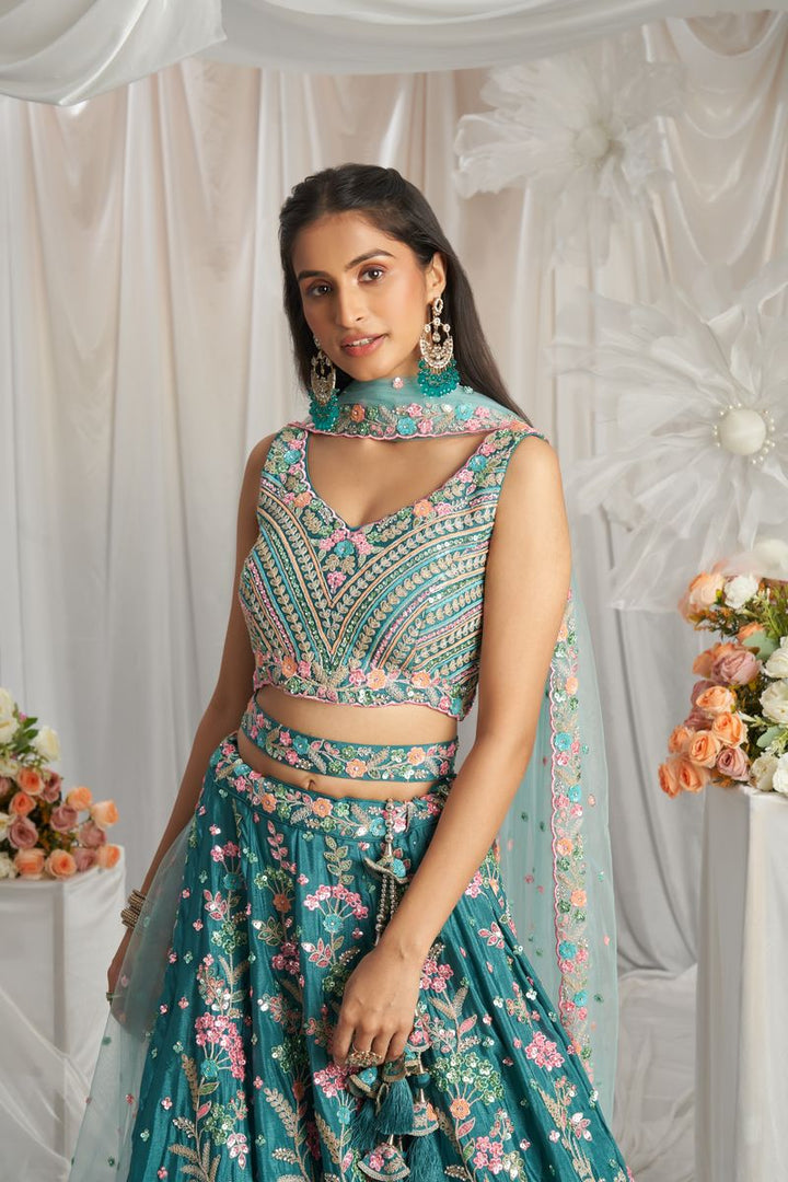 Teal - Multi-Color Sequined,Thread & Zarkan Embroidered Pure Georgette Semi-Stitched Lehenga choli