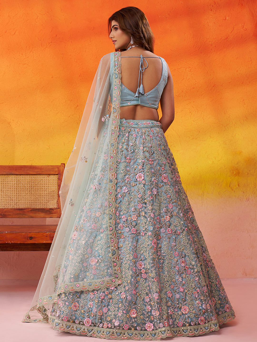 SEAGREEN - Net Fabric Sequins embroidery Lehenga & Unstitched Blouse With Dupatta