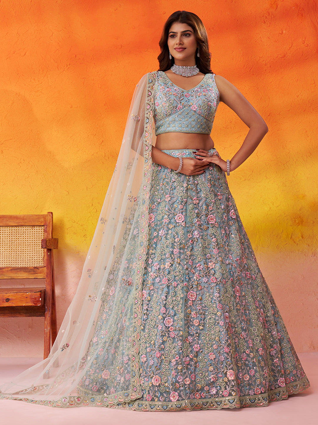 SEAGREEN - Net Fabric Sequins embroidery Lehenga & Unstitched Blouse With Dupatta