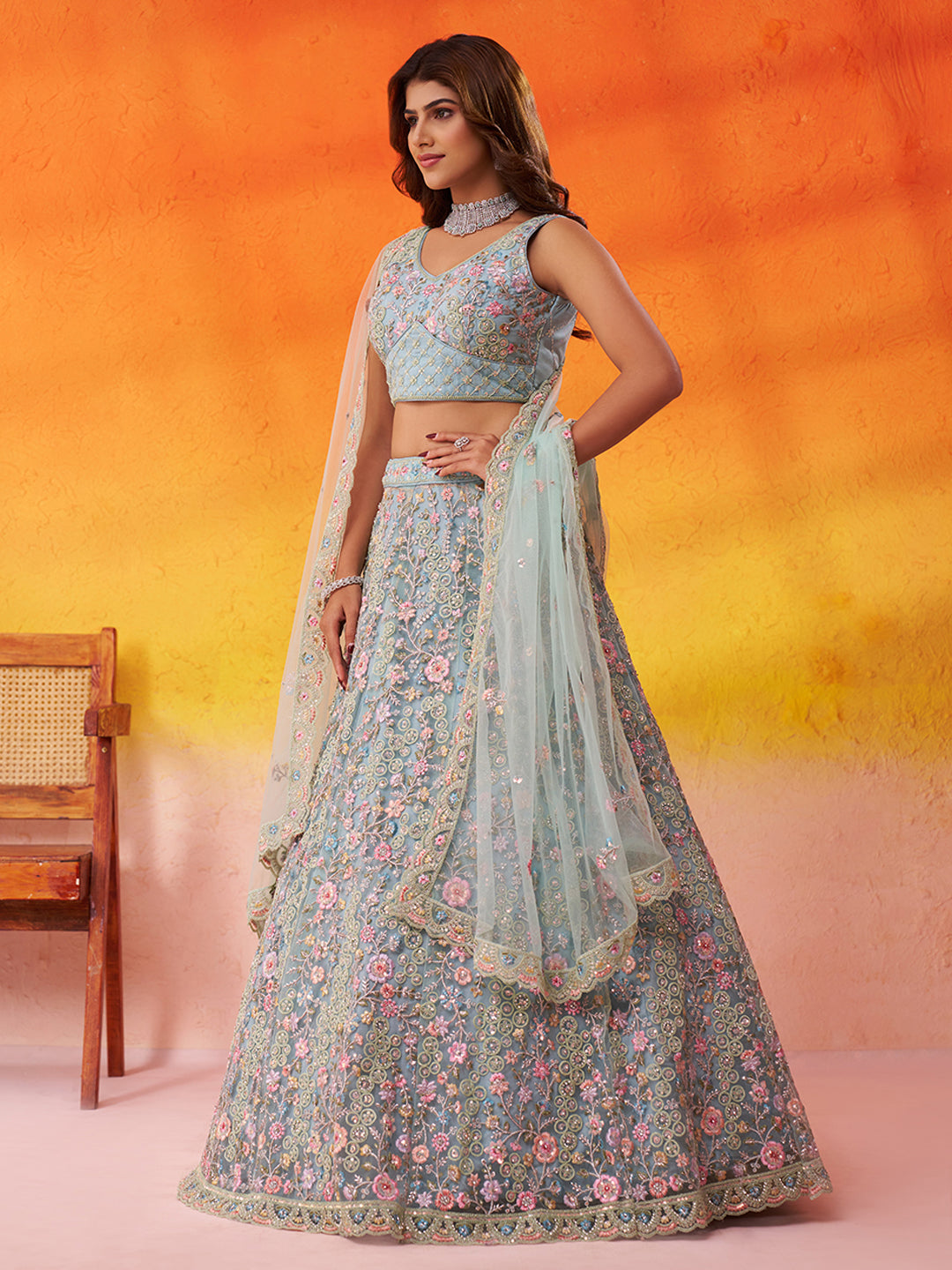 SEAGREEN - Net Fabric Sequins embroidery Lehenga & Unstitched Blouse With Dupatta