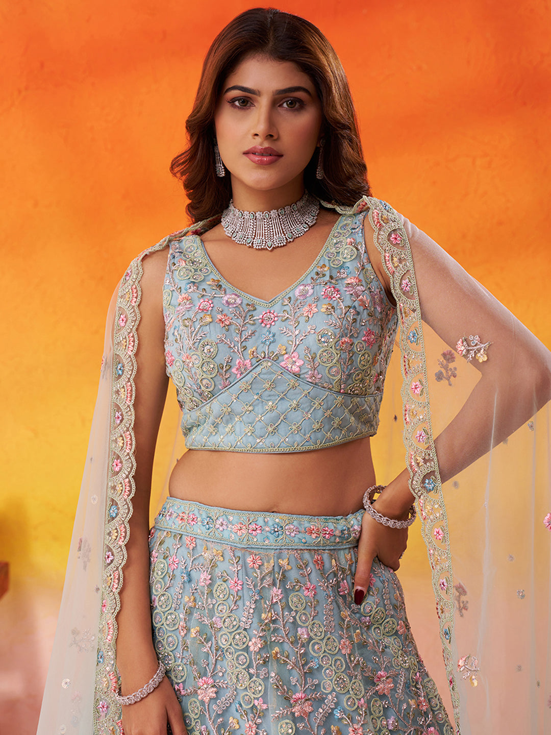 SEAGREEN - Net Fabric Sequins embroidery Lehenga & Unstitched Blouse With Dupatta