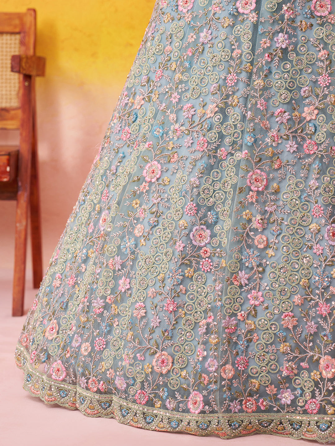 SEAGREEN - Net Fabric Sequins embroidery Lehenga & Unstitched Blouse With Dupatta